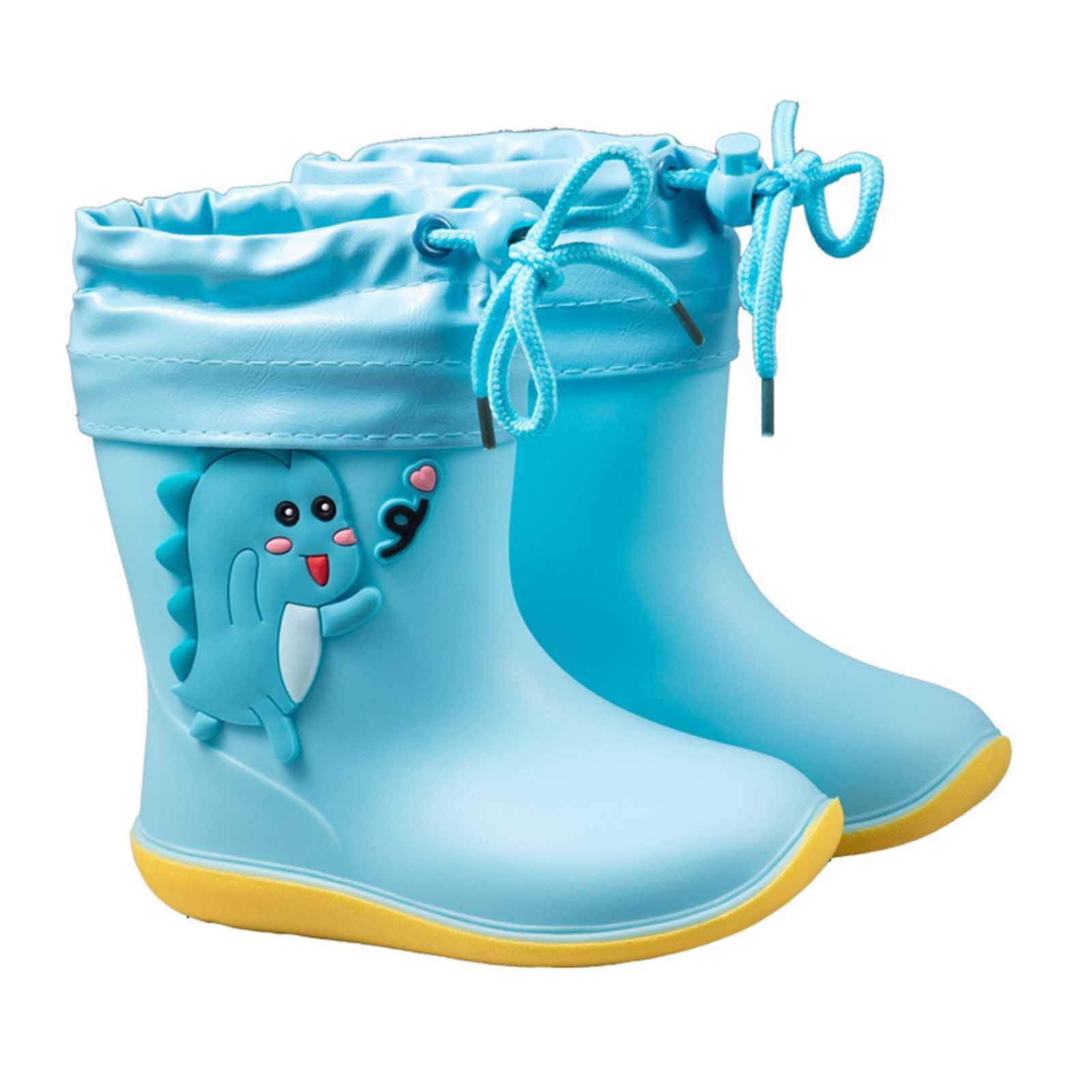 Xfvqtps Kids Child Rain Boots with an Elastic Boot Collar Adjustable Drawstring Cute Cartoon Dinosaur Waterproof Non Slip Light up Rubber Sole Outdoor EVA Rain Shoes for 2-9 Years Blue